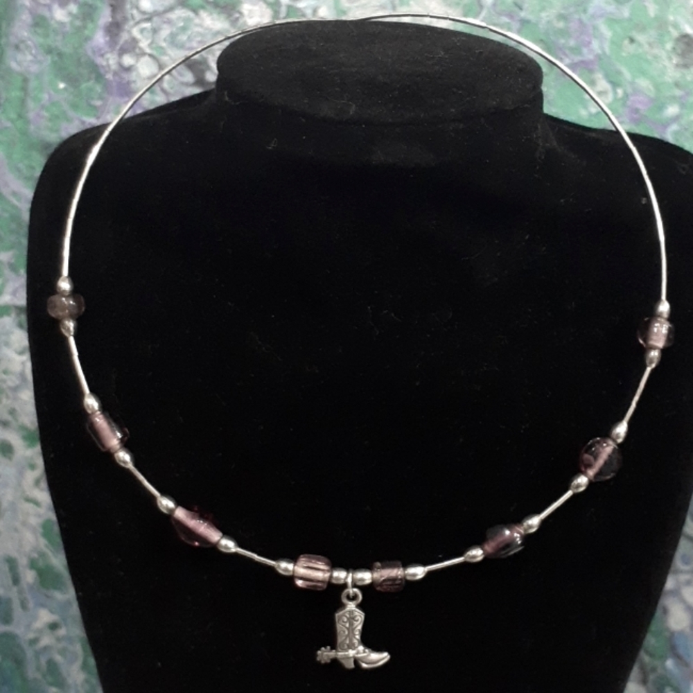 Hand Crafted Liquid Silver Cowboy Boot Pendant Memory Wire Choker Necklace